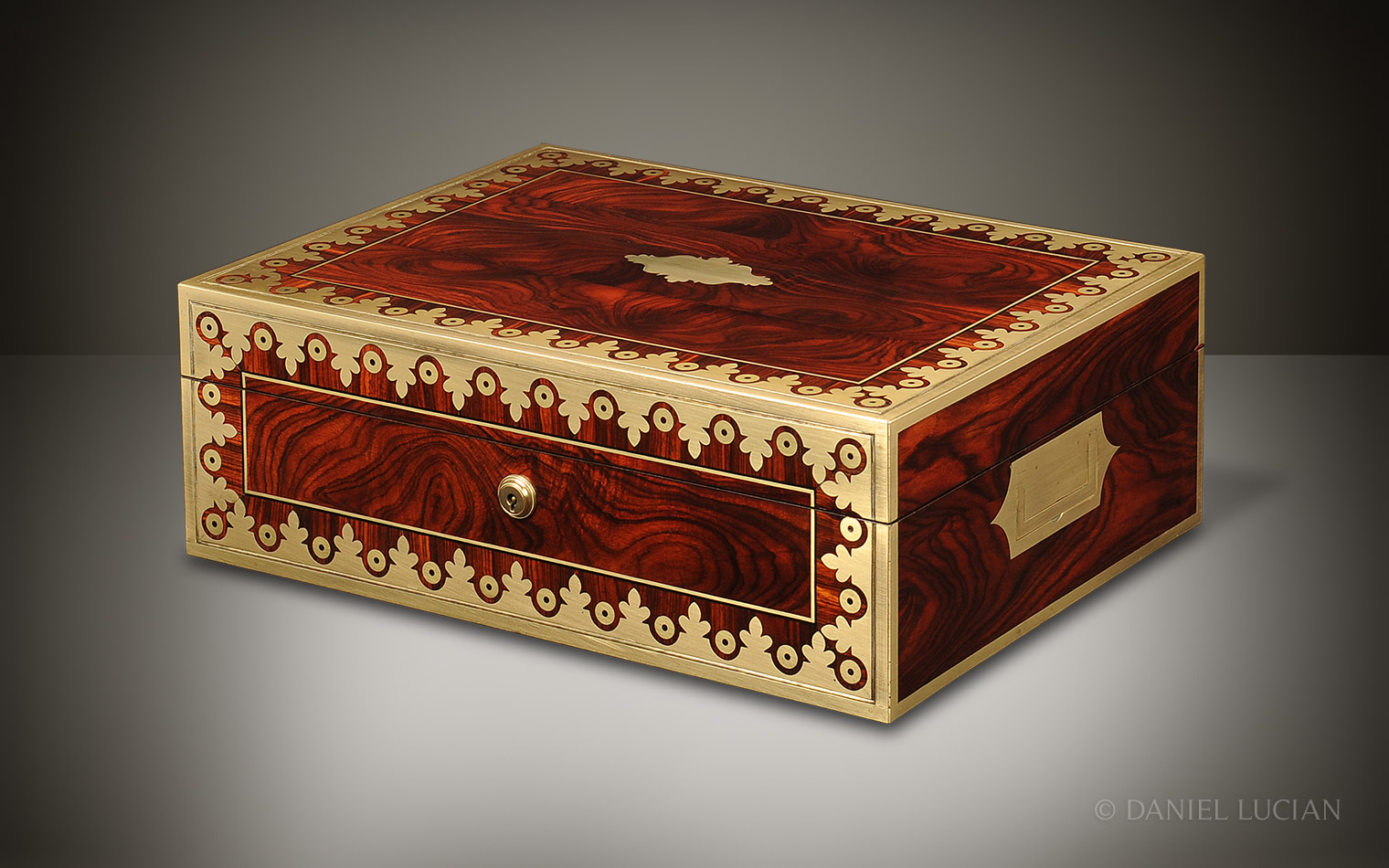 Kingwood Antique Jewellery Box with Foliate Brass Inlay