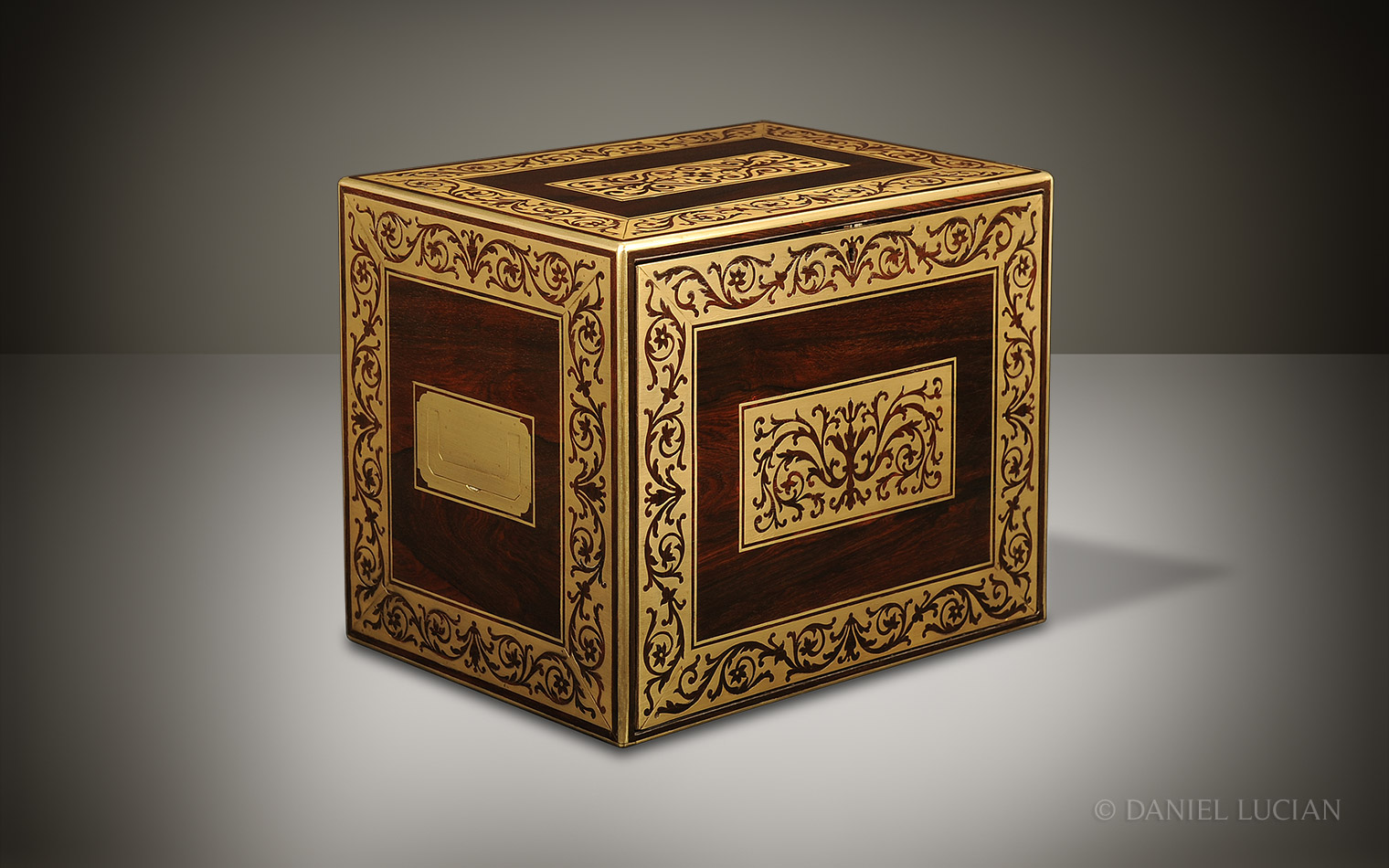 Antique Jewellery Cabinet in Rosewood with Foliate Brass Inlay and Ten Drawers.