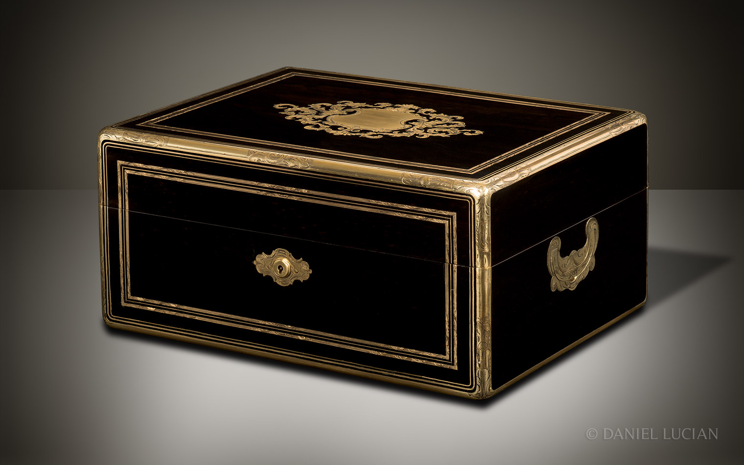 French Antique Jewellery Box in Ebony with Brass Inlay by Alphonse Giroux & Cie, Paris