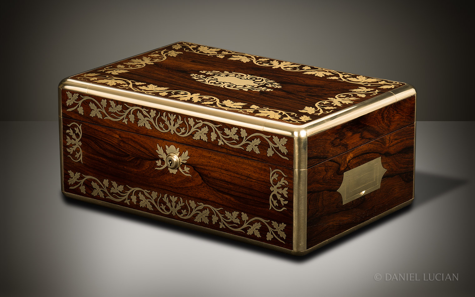 Antique Jewellery Box in Rosewood with Foliate Brass Inlay