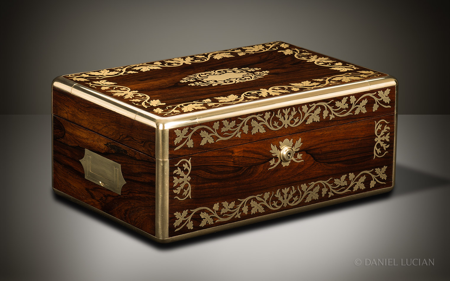Antique Jewellery Box in Rosewood with Foliate Brass Inlay.