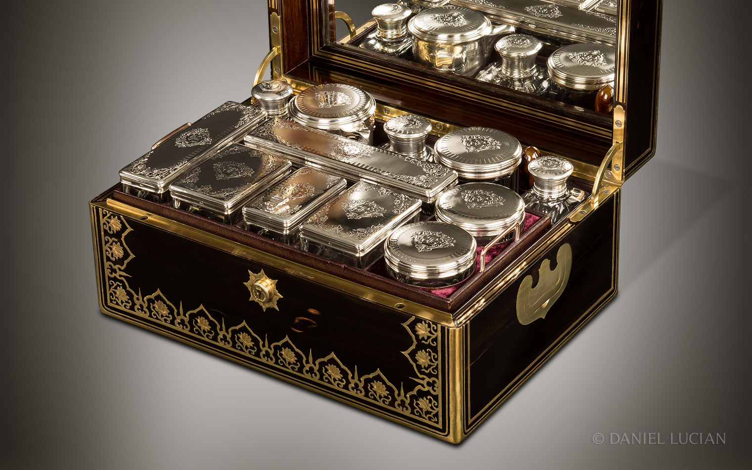 Antique Nécessaire de Voyage Dressing Case in Ebony with Floral Brass Inlay by Aucoc Ainé à Paris.