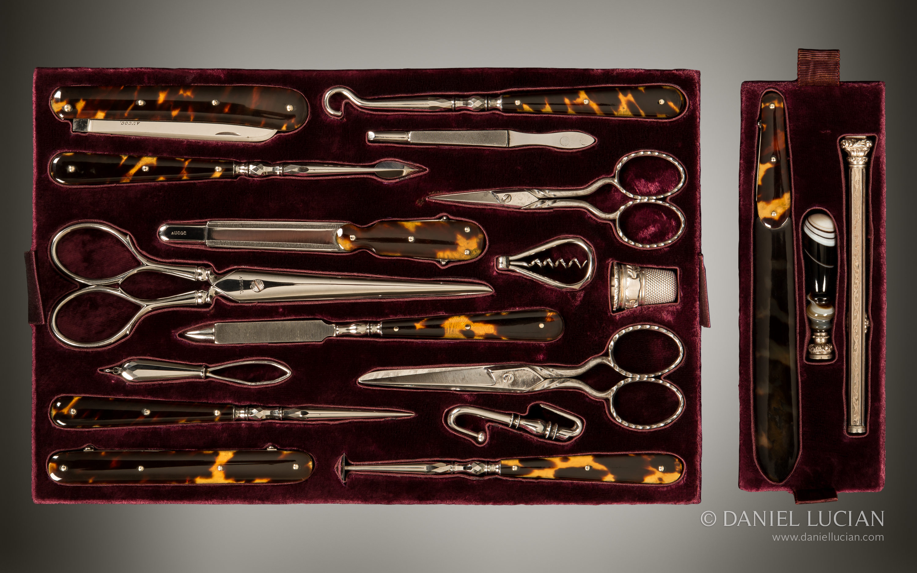 Vanity tool tray from an antique nécessaire de voyage dressing case by Aucoc Ainé à Paris.