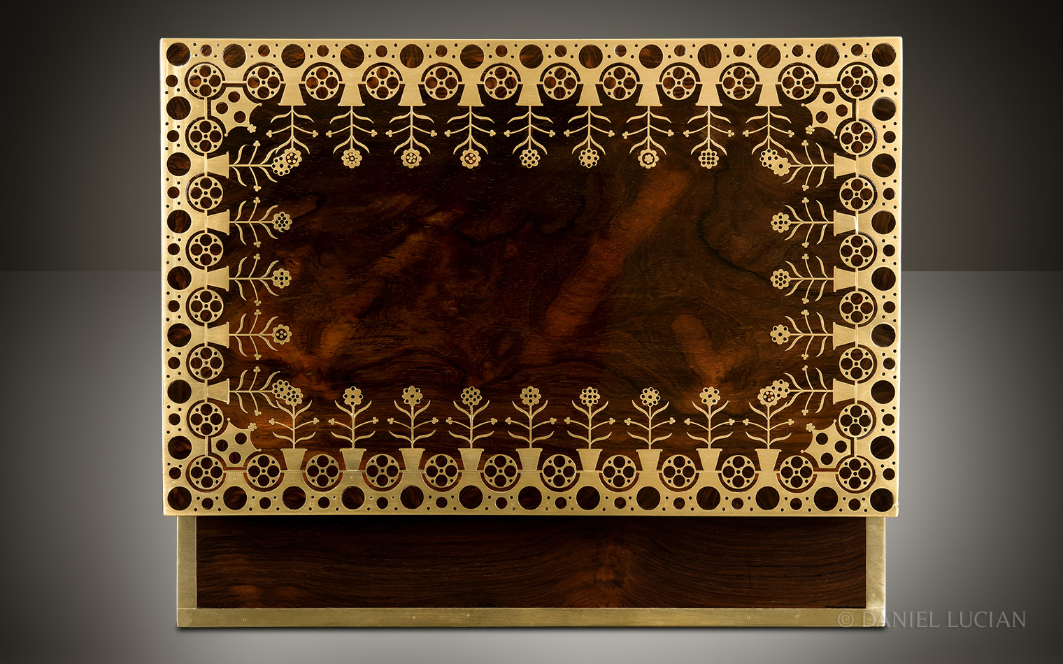 Antique Jewellery Box in Rosewood with Foliate Brass Inlay, Attributed to Edwards.