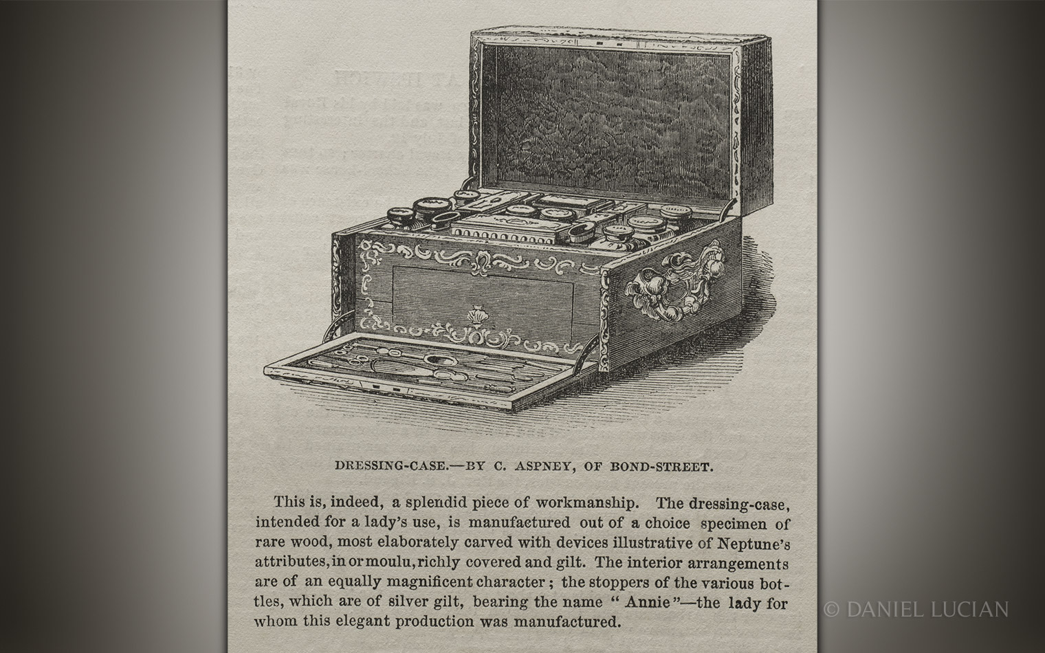 An illustration and description of Asprey’s dressing case displayed at the Great Exhibition of 1851, taken from the Illustrated London News, September 20th 1851.