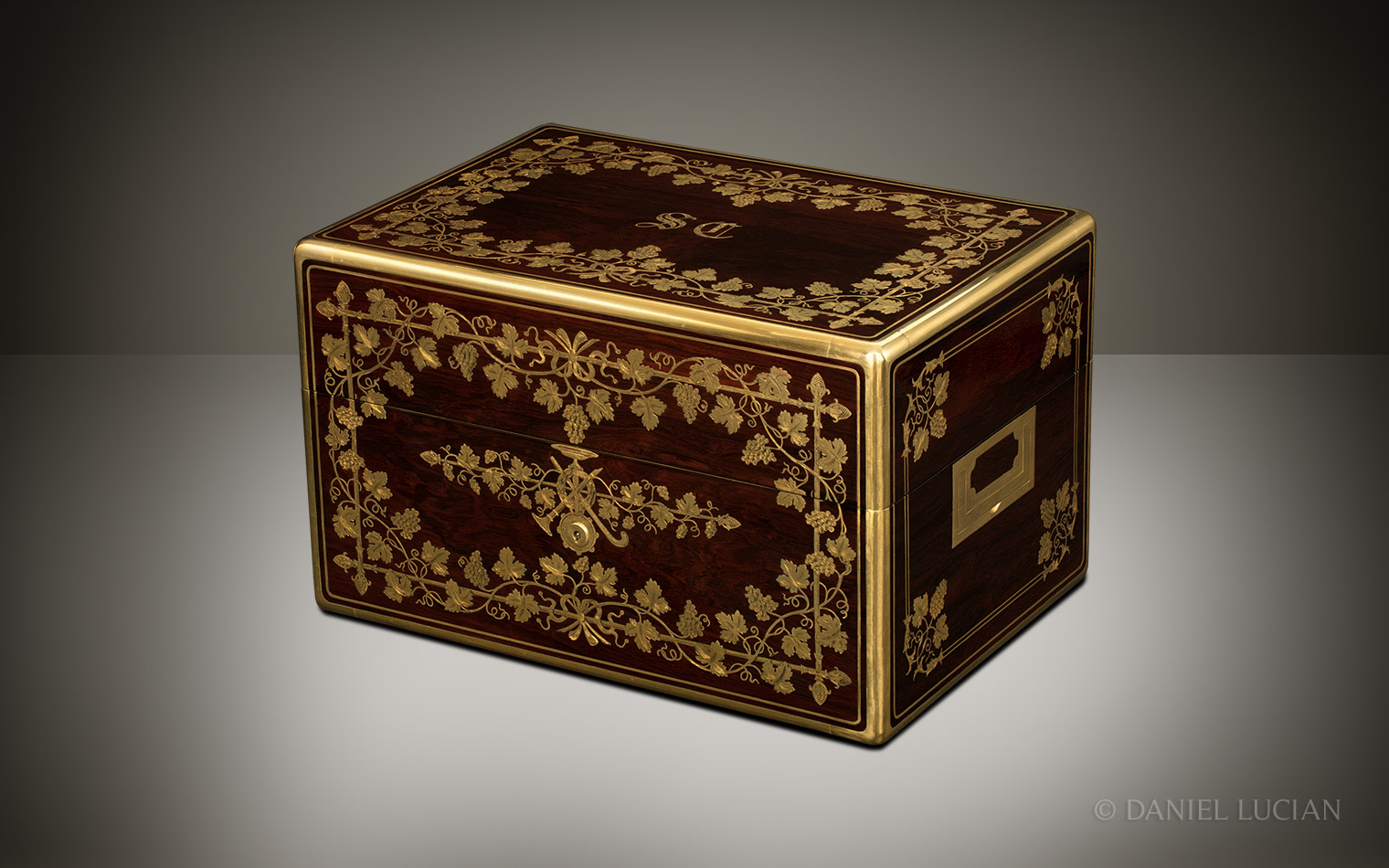 French Antique Jewellery Box in Rosewood with Grapevine Brass Inlay, by Aucoc