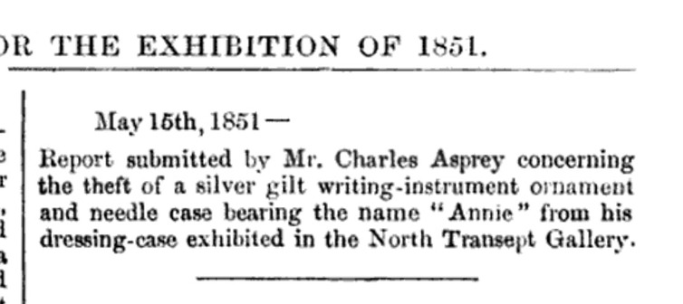 Crime report submitted by Charles Asprey two weeks into the Great Exhibition.