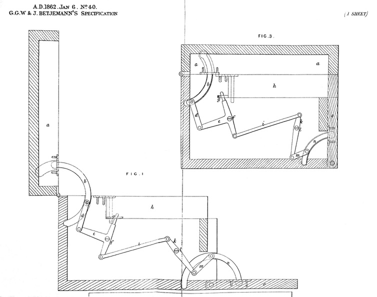 Copy of Betjemann's original patent drawings for their 'Automatic' opening mechanism.