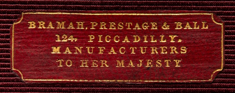 Bramah, Prestage & Ball manufacturer’s label from an antique jewellery box in rosewood.
