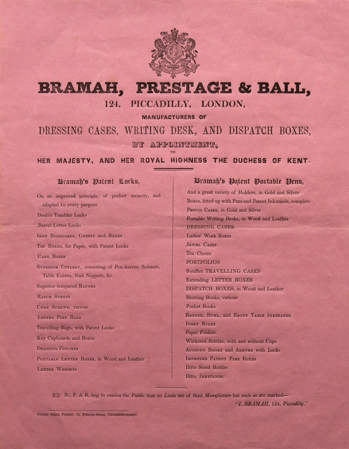 Bramah, Prestage & Ball advertising literature.