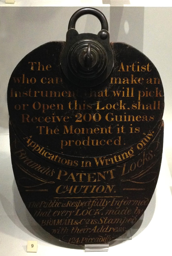 Joseph Bramah’s ‘Challenge Lock’ mounted within its challenge board, as displayed in his shop window from 1790. Now displayed at the Science Museum in London.