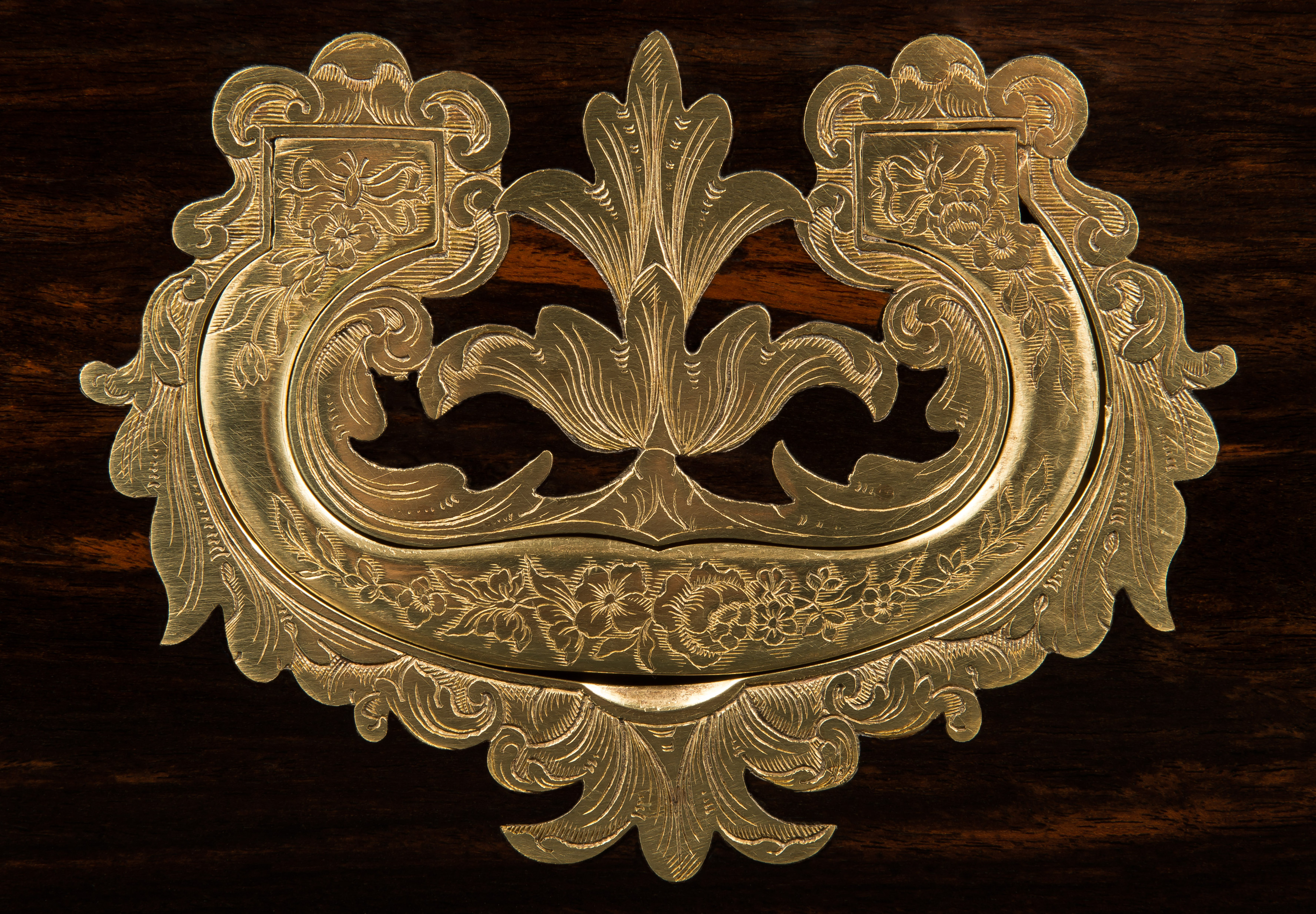 Neoclassical style engraved brass side handle from an antique jewellery box by Charles Asprey & Son.