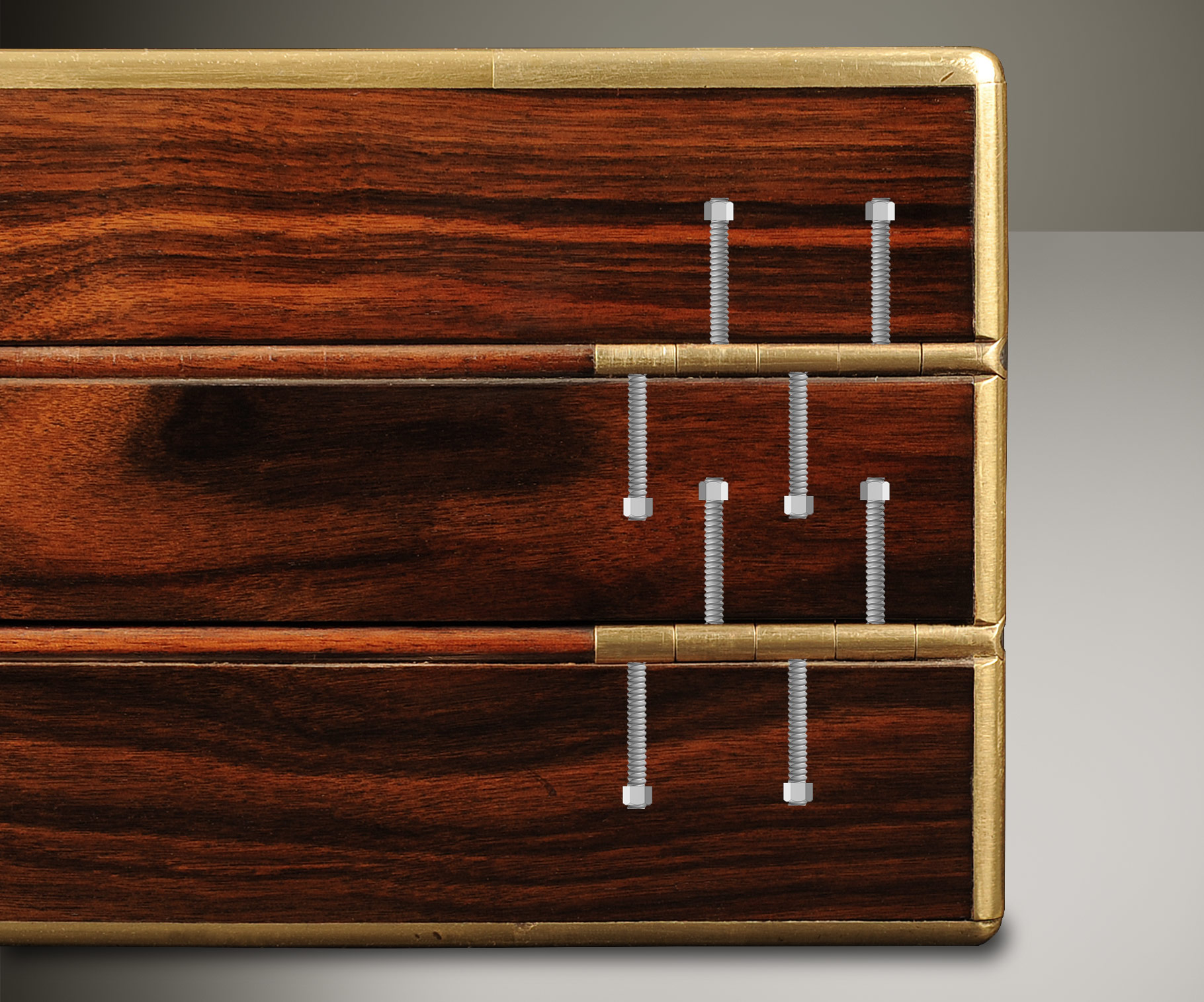 Edwards Patent concealed brass hinges with (simulated) screw threads and nuts.