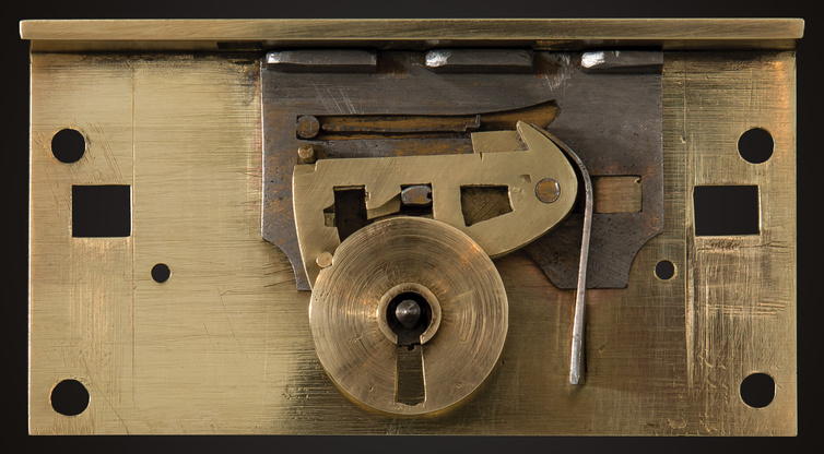 Front view of the internal mechanism of a Chubb ‘Definitive’ Detector lock with fitted ‘Barrel and Curtain’, from 1849.