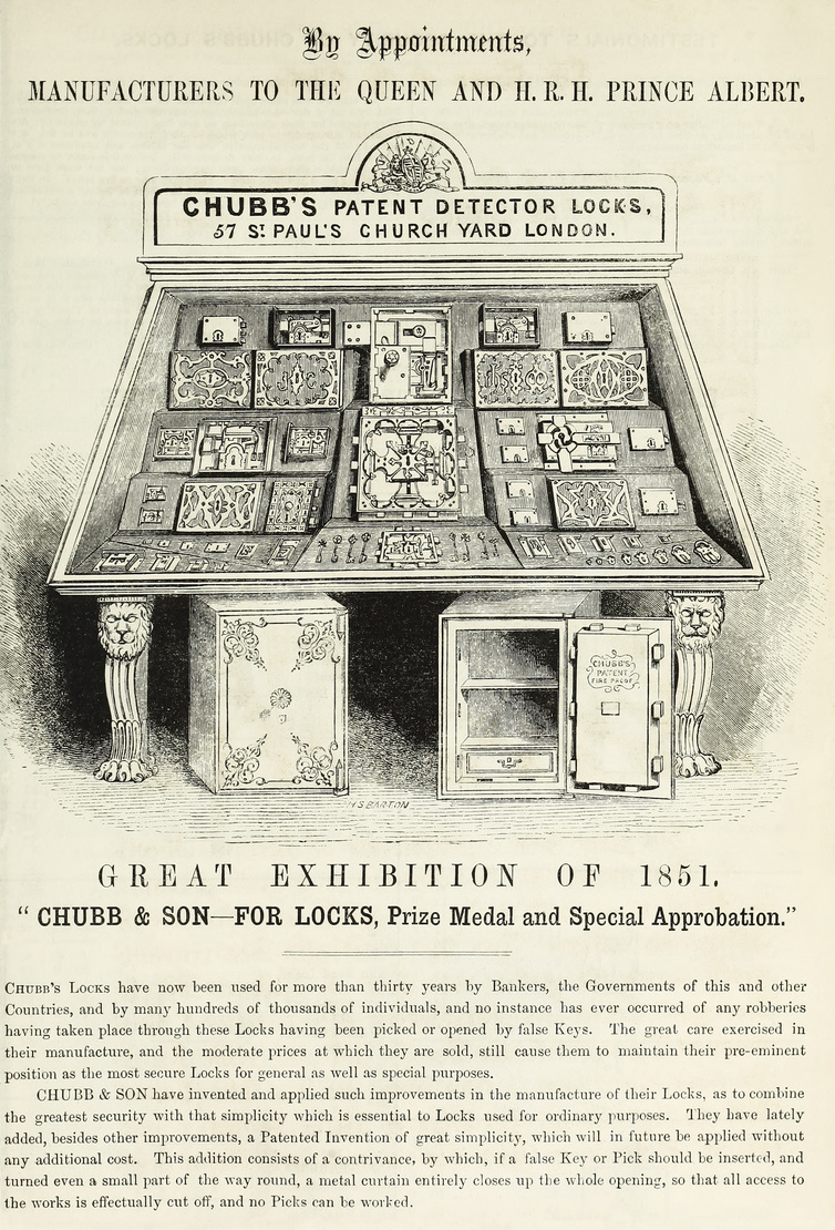 Chubb Detector lock advertisement taken from the ‘Paris Universal Exhibition 1855 – Catalogue of the Works Exhibited in the British Section of the Exhibition’.