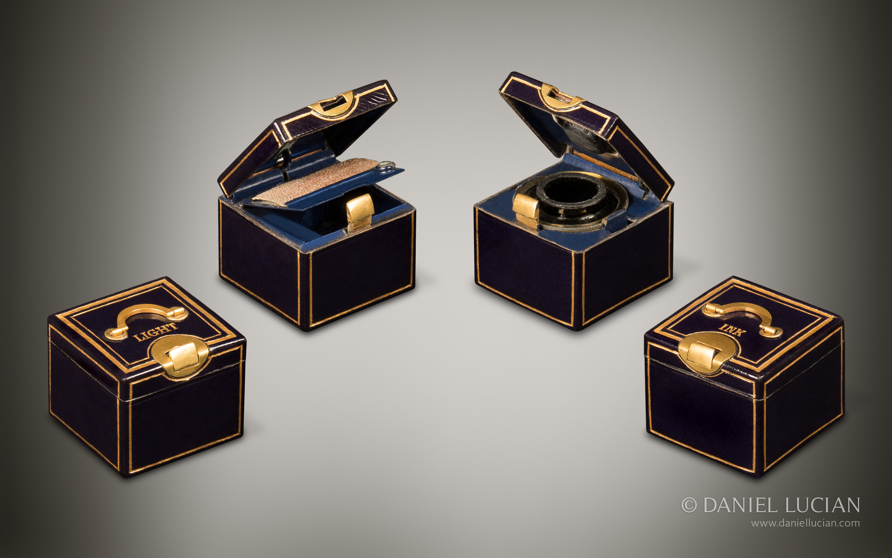 Match box/ striker and travelling inkwell from an antique jewellery box in coromandel with countess coronet, by Jenner & Knewstub.