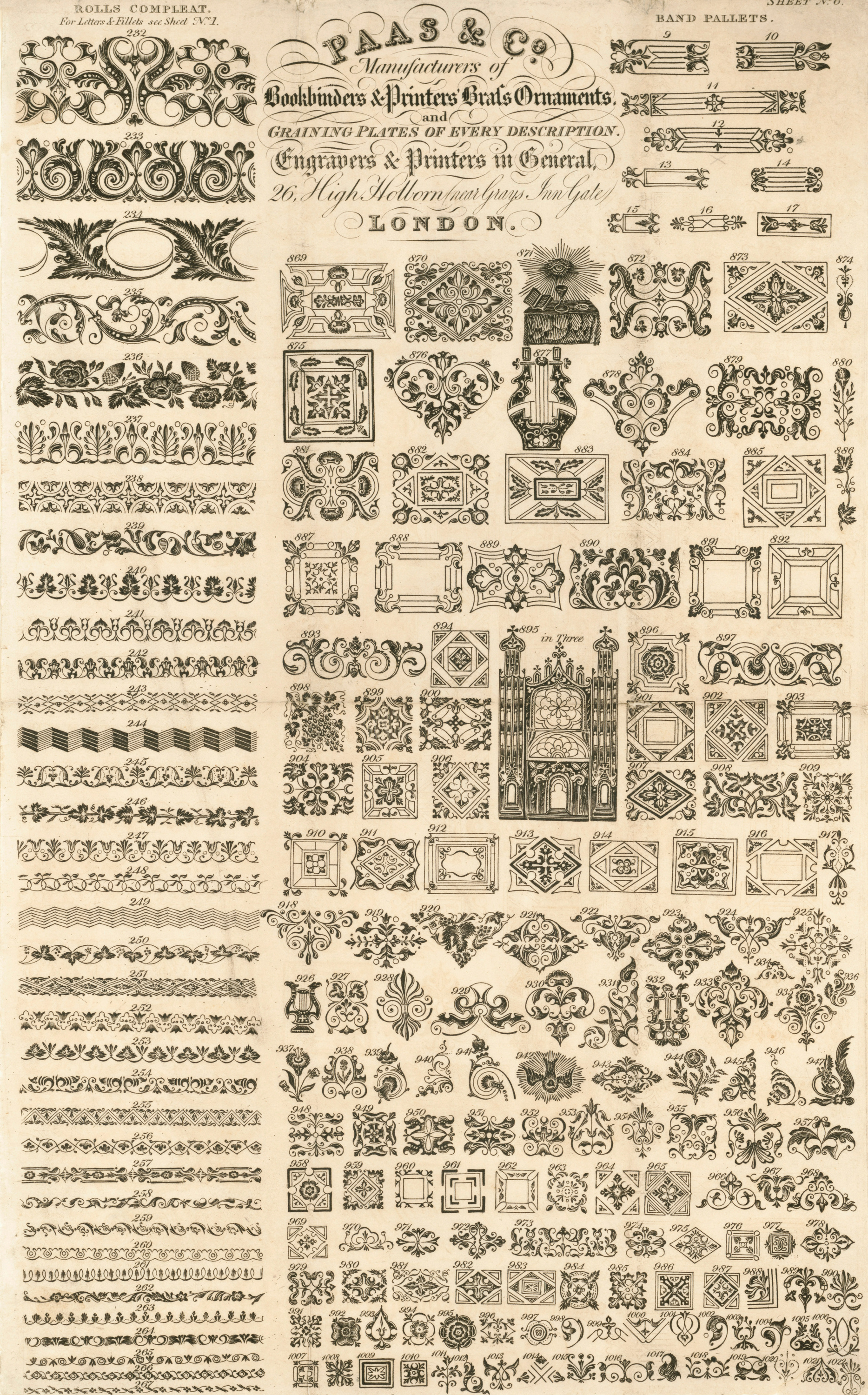 Paas &amp; Co catalogue from c.1830 detailing design options from their inventory of roll, pallet, and ornament tools.