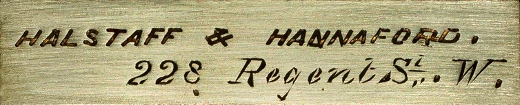 Halstaff & Hannaford engraved brass manufacturer’s plate from an antique jewellery box in figured walnut.