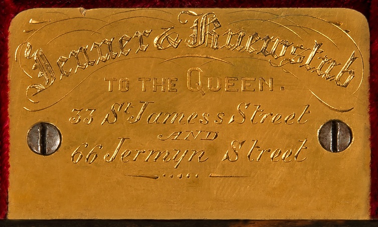 Jenner & Knewstub manufacturer’s plate from an antique coromandel jewellery box.