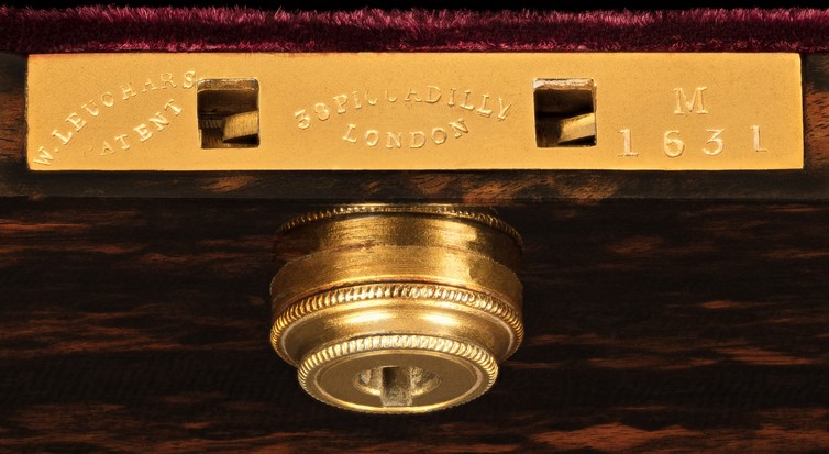An 1870 ‘W. Leuchars Patent’ lock taken from a miniature antique jewellery box in coromandel by Leuchars & Son.