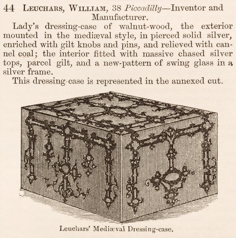 An illustration of a lady’s dressing case by Leuchars, taken from the ‘Official Descriptive And Illustrated Catalogue Of The Great Exhibition Of The Works Of Industry Of All Nations 1851’.