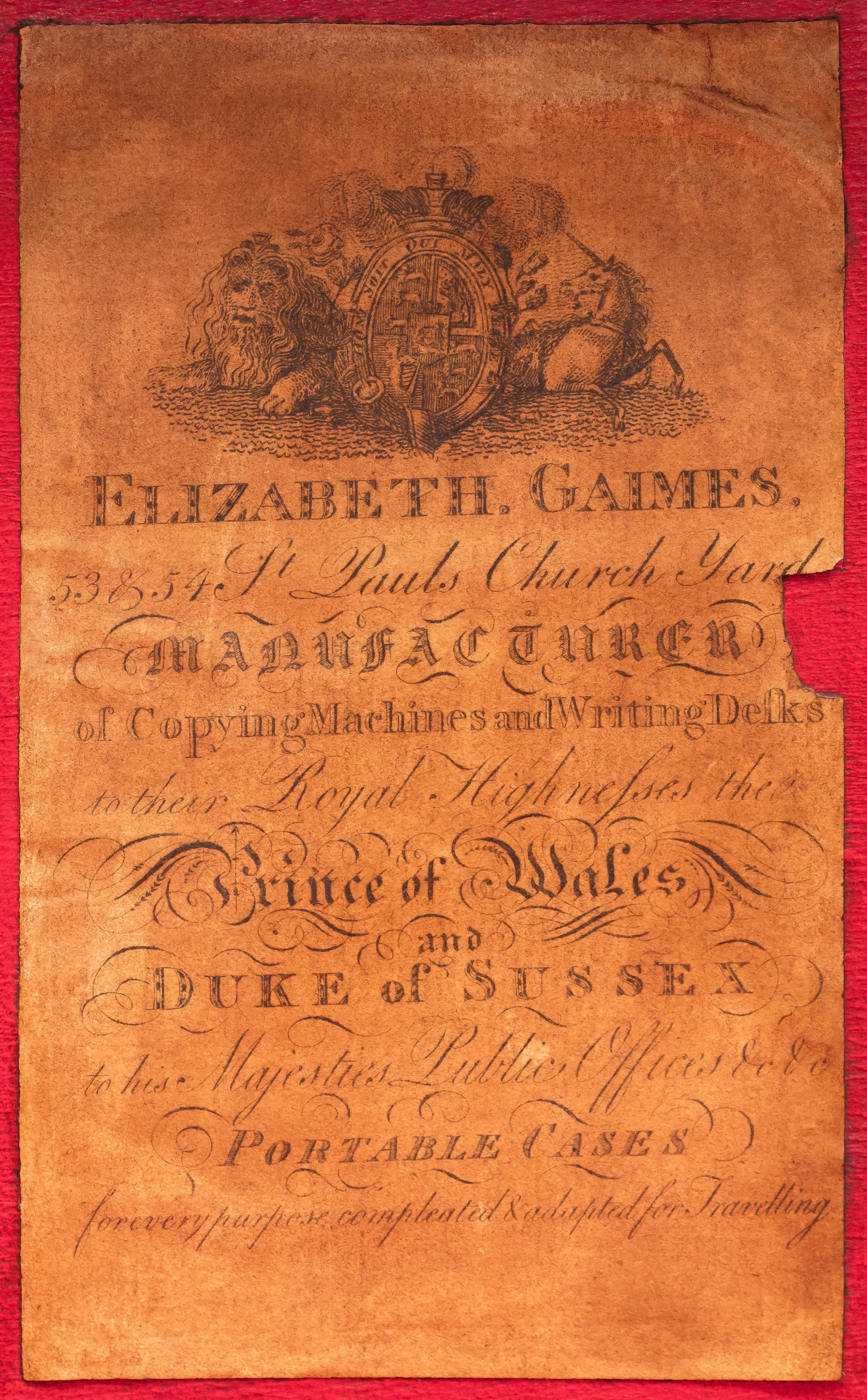 Paper manufacturer’s label belonging to Elizabeth Gaimes of 53 & 54 St Paul’s Churchyard, London.