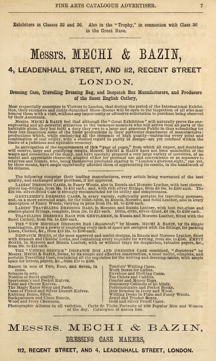 A Mechi & Bazin advertisement taken from the ‘International Exhibition 1862 Official Catalogue of the Fine Art Department’.