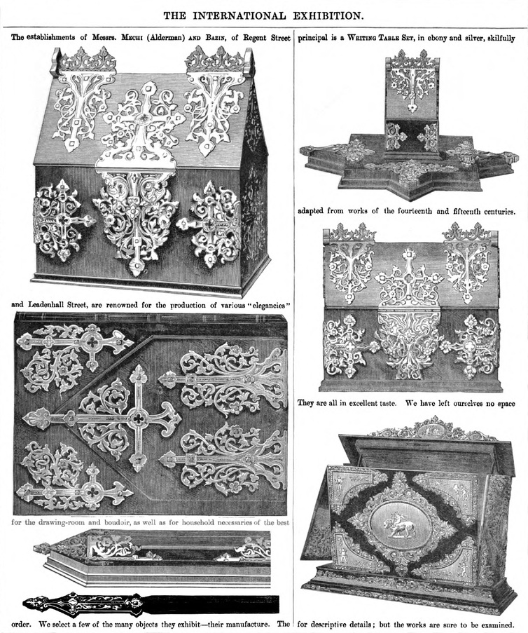 An illustration of a writing table set by Mechi & Bazin taken from ‘The Art Journal Illustrated Catalogue of the International Exhibition 1862’.