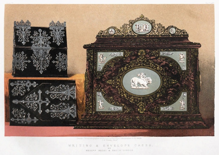 An illustration of writing and envelope cases by Mechi & Bazin taken from the ‘Masterpieces of Industrial Art & Sculpture at the International Exhibition, 1862’ by J.B Waring.