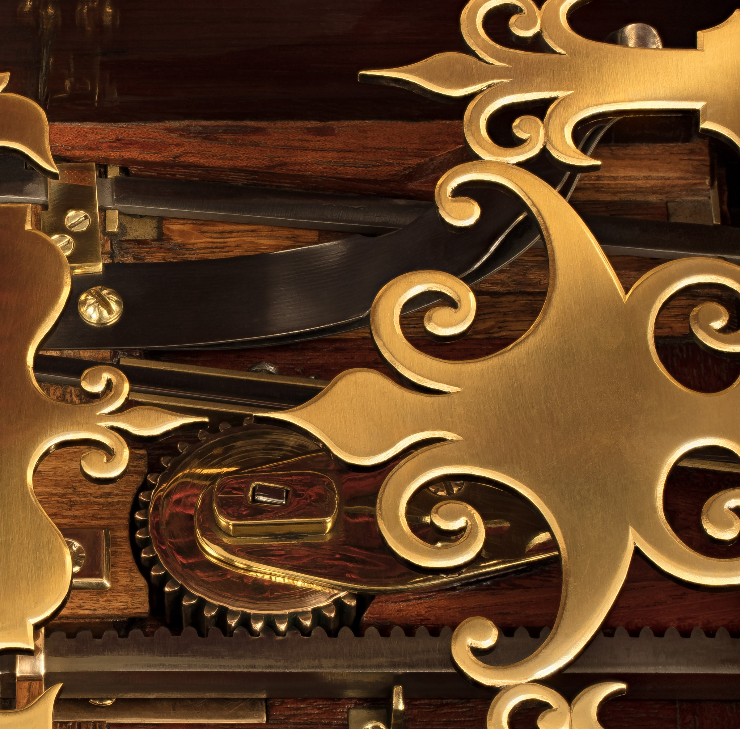 View of the rack and pinion mechanism, and a pair of leaf springs.
