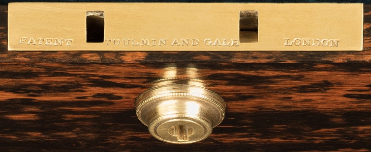 Bramah Patent lock plate engraved with ‘Toulmin & Gale London’.